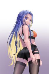 Rule 34 | 1girl, absurdres, ass, back, bare arms, bare shoulders, belt buckle, black shorts, black thighhighs, blue eyes, blue hair, borrowed character, breasts, buckle, closed mouth, colored inner hair, cowboy shot, crop top, cutoffs, expressionless, from behind, geomiddang, gradient background, hair intakes, highres, long hair, looking at viewer, looking back, medium breasts, midriff, bae minah (chaesu), multicolored hair, original, shirt, short shorts, shorts, sleeveless, sleeveless shirt, solo, standing, tank top, thighhighs, very long hair
