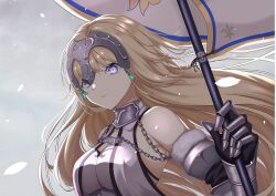 Rule 34 | 1girl, absurdres, blonde hair, blue eyes, breasts, chain, detached sleeves, fate/grand order, fate (series), flag, fleur-de-lis, gauntlets, headpiece, highres, holding, holding flag, jeanne d&#039;arc (fate), jeanne d&#039;arc (third ascension) (fate), large breasts, leaf, long hair, sou skate714, upper body