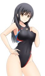 Rule 34 | 1girl, arena (company), black hair, black one-piece swimsuit, brown eyes, commentary request, competition swimsuit, contrapposto, covered navel, cowboy shot, fuuma nagi, long hair, looking at viewer, one-piece swimsuit, original, simple background, solo, standing, swimsuit, white background