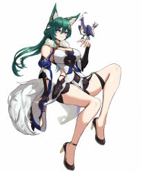 Rule 34 | 1girl, animal ear fluff, animal ears, bare legs, bird, bird on hand, black footwear, breasts, cleavage, commentary request, dress, fox ears, fox tail, green hair, high heels, honkai: star rail, honkai (series), invisible chair, large breasts, large tail, long hair, moppo, purple eyes, simple background, sitting, solo, tail, thighs, very long hair, white background, yukong (honkai: star rail)