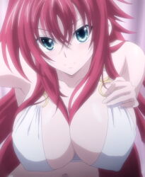 Rule 34 | 1girl, bikini, breasts, cleavage, covered erect nipples, green eyes, hand on own chest, high school dxd, high school dxd new, highres, large breasts, looking at viewer, red hair, rias gremory, solo, swimsuit, white bikini
