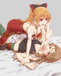 Rule 34 | 2girls, all fours, bare shoulders, blonde hair, blush, breasts, brown eyes, cleavage, covering own mouth, granblue fantasy, groin, hand over own mouth, holding another&#039;s wrist, katalina (granblue fantasy), long hair, lying, medium breasts, midriff, miso-ha (ukyuu), multiple girls, navel, on back, pants, red eyes, straddling, sweatdrop, tank top, thighhighs, vira (granblue fantasy), yuri