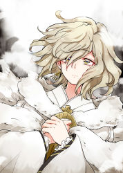 Rule 34 | 1boy, bakumatsu rock, blonde hair, closed mouth, earrings, feather boa, feathers, frilled sleeves, frills, hair between eyes, japanese clothes, jewelry, kimono, looking at viewer, male focus, medium hair, own hands together, popoin, shirt, solo, tokugawa yoshinobu, upper body, white kimono, white shirt, yellow eyes