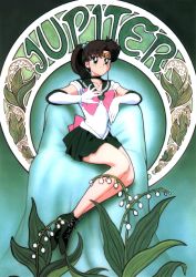 Rule 34 | 1990s (style), 1girl, art nouveau, bishoujo senshi sailor moon, boots, bow, brown hair, choker, earrings, elbow gloves, female focus, flower, full body, gloves, green background, green footwear, green skirt, green theme, hair bobbles, hair ornament, highres, jewelry, kino makoto, lily of the valley, magical girl, official art, pink bow, ponytail, retro artstyle, sailor jupiter, scan, scan artifacts, sitting, skirt, solo, tadano kazuko, tiara, white gloves