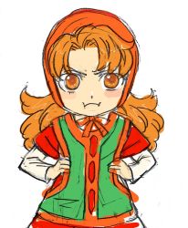 Rule 34 | 1girl, closed mouth, curly hair, dragon quest, dragon quest vii, dress, green eyes, highres, hood, long hair, looking at viewer, maribel (dq7), orange hair, simple background, solo