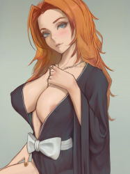 Rule 34 | 1girl, bleach, blue eyes, blush, bow, breasts, covered erect nipples, ignite (artist), jewelry, large breasts, long hair, matsumoto rangiku, nail polish, necklace, nipples, parted lips, red hair, simple background, solo