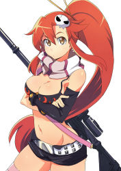 Rule 34 | 00s, 1girl, anti-materiel rifle, belt, bikini, bikini top only, breasts, cleavage, gun, hair ornament, highres, large breasts, long hair, looking at viewer, navel, pink thighhighs, ponytail, red hair, rifle, scarf, shiny skin, short shorts, shorts, simple background, skindentation, skull hair ornament, sniper rifle, solo, studded belt, studded bracelet, sugi koutarou, swimsuit, tengen toppa gurren lagann, thighhighs, weapon, white background, yoko littner