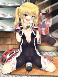 Rule 34 | 10s, 1girl, :d, ass, barefoot, bib shorts, bicycle helmet, bike jersey, blonde hair, blue eyes, blush, bottle, breasts, breasts apart, breath, closed mouth, fang, food, full body, heart, helmet, highres, holding, long hair, long riders!, mat, nunnu (bieeneco), open clothes, open mouth, open shirt, plate, reflection, saijou hinako, shirt, sitting, small breasts, smile, solo, spread legs, squirt bottle, straddling, sweat, twintails, wariza, water bottle, | |