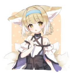 Rule 34 | 1girl, :o, animal ears, arknights, bare shoulders, blonde hair, blue hairband, blush, border, cropped torso, hair rings, hairband, hand on own chest, hand up, infection monitor (arknights), looking at viewer, material growth, multicolored hair, multiple tails, open mouth, oripathy lesion (arknights), outside border, short hair, solo, streaked hair, suzuiro (chocolatte), suzuran (arknights), tail, white border, white hair, white tail, yellow eyes, yellow tail