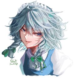 Rule 34 | 1girl, blue eyes, braid, commentary request, grey hair, izayoi sakuya, looking at viewer, lowres, maid, maid headdress, parted lips, side braids, signature, simple background, smile, solo, takana (forsterite), touhou, twin braids, upper body, white background