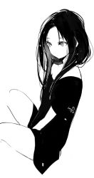 Rule 34 | 1girl, bare shoulders, closed mouth, dress, forehead, greyscale, long hair, looking away, lpip, monochrome, off-shoulder dress, off shoulder, original, parted bangs, short sleeves, signature, simple background, solo, white background