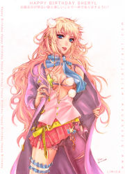 Rule 34 | 00s, 1girl, belt, blonde hair, blouse, blue eyes, breasts, cleavage, coat, female focus, bridal garter, lilaccu, long hair, macross, macross frontier, medium breasts, open clothes, open shirt, scarf, sheryl nome, shirt, skirt, solo, star (symbol), unbuttoned, white background