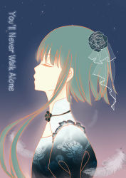 Rule 34 | 1girl, absurdres, aqua hair, bad id, bad pixiv id, black flower, black rose, closed eyes, diela, english text, feathers, floral print, flower, frills, from side, gradient background, hair flower, hair ornament, highres, original, profile, rose, see-through, short hair, short hair with long locks, sky, solo, star (sky), starry sky, upper body, veil