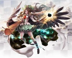 Rule 34 | 1girl, arm cannon, asymmetrical legwear, bad id, bad pixiv id, big hair, black socks, black wings, bow, breasts, cape, checkered background, cloud, cloudy sky, cowboy shot, energy ball, feathers, floating, floating hair, full body, glowing, glowing eyes, green skirt, hair bow, highres, kneehighs, large breasts, large wings, light, lips, long hair, mismatched legwear, nabe (crow&#039;s head), nose, open hand, outstretched arm, puffy short sleeves, puffy sleeves, red eyes, reiuji utsuho, short sleeves, skirt, sky, smile, socks, solo, space, sunlight, thighs, third eye, touhou, weapon, wings