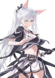 Rule 34 | 1girl, animal ear fluff, animal ears, black gloves, blue eyes, breasts, cleavage, closed mouth, collarbone, commentary, fuuro (johnsonwade), gloves, grey hair, hair between eyes, holding, holding sword, holding weapon, katana, long hair, medium breasts, navel, original, pleated skirt, ponytail, sheath, sheathed, simple background, single glove, skirt, solo, sword, v-shaped eyebrows, very long hair, weapon, white background, white skirt