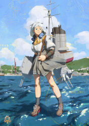 Rule 34 | 1girl, absurdres, adapted turret, anchor, arm warmers, ascot, black socks, blue eyes, blue sky, cannon, cloud, collared shirt, day, dress shirt, full body, headphones, headphones around neck, highres, kantai collection, loafers, looking to the side, machinery, mountain, natsugumo (kancolle), orange ascot, outdoors, plaid ascot, shirt, shoes, short hair, skirt, sky, socks, solo, suspender skirt, suspenders, turret, walking, walking on liquid, white hair, white shirt, ye fan