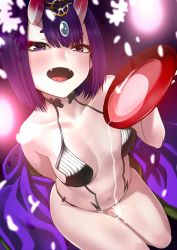 Rule 34 | 1girl, alcohol, bob cut, breasts, cup, fangs, fate/grand order, fate (series), highres, horns, japanese clothes, kimono, looking at viewer, navel, onaka (pixiv11820960), oni, open mouth, petals, purple eyes, purple hair, revealing clothes, sakazuki, sake, short eyebrows, short hair, shuten douji (fate), shuten douji (first ascension) (fate), sitting, skin-covered horns, small breasts, solo