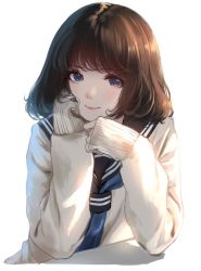 Rule 34 | 1girl, blue eyes, blue neckerchief, bob cut, brown hair, caidychen, closed mouth, commentary, cropped torso, elbow rest, hand on own cheek, hand on own face, light blush, lipgloss, lips, lipstick, long sleeves, looking at viewer, makeup, medium hair, neckerchief, original, parted hair, pink lips, sailor collar, shadow, simple background, sleeves past wrists, smile, solo, sweater, upper body, white background