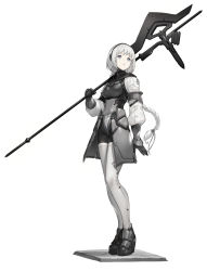 Rule 34 | 1girl, armor, braid, braided ponytail, commentary request, faulds, full body, grey eyes, hairband, halberd, high heels, highres, km yama, long hair, original, over shoulder, platform footwear, polearm, solo, thighhighs, weapon, weapon over shoulder, white background, white hair