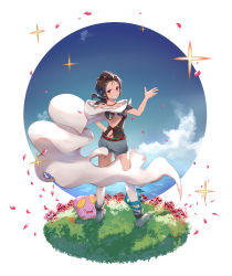 Rule 34 | 1girl, blue shorts, brown hair, cape, creatures (company), dark-skinned female, dark skin, faux figurine, flower, from behind, full body, game freak, gen 3 pokemon, grey footwear, grin, hand on own hip, highres, looking at viewer, looking back, nintendo, odd (hin yari), petals, pokemon, pokemon (creature), pokemon oras, ponytail, red eyes, red flower, short shorts, shorts, smile, standing, whismur, white background, white cape, zinnia (pokemon)