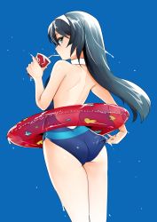 Rule 34 | 10s, 1girl, absurdres, adjusting clothes, adjusting swimsuit, ass, back, bad id, bad twitter id, black hair, blue background, blue one-piece swimsuit, brown eyes, commentary, cowboy shot, cup, drinking straw, from behind, girls und panzer, hairband, heart, highres, holding, innertube, long hair, looking at viewer, looking back, nakasone haiji, one-piece swimsuit, reizei mako, simple background, solo, standing, swim ring, swimsuit, thighs, wet, white hairband