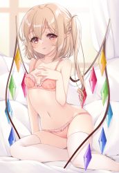 Rule 34 | 1girl, absurdres, artist name, bare arms, bare shoulders, blonde hair, blurry, blurry background, blush, bra, breasts, collarbone, commentary request, crystal, curtains, flandre scarlet, hair between eyes, haruki (colorful macaron), highres, medium hair, navel, no headwear, no headwear, one side up, open mouth, panties, pink bra, pink panties, pointy ears, red eyes, sitting, small breasts, solo, thighhighs, touhou, underwear, underwear only, white thighhighs, window, wings