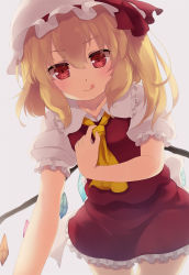 Rule 34 | 1girl, :q, blonde hair, ascot, flandre scarlet, frilled skirt, frills, gengetsu chihiro, hat, hat ribbon, looking at viewer, miniskirt, mob cap, puffy short sleeves, puffy sleeves, red eyes, ribbon, short hair, short sleeves, side ponytail, simple background, skirt, skirt set, smile, solo, tongue, tongue out, touhou, white background, wings