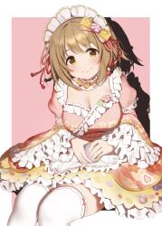 Rule 34 | 1girl, absurdres, ball, blush, breasts, brown eyes, brown hair, choker, cleavage, closed mouth, cow, dot nose, dress, floral print, frilled choker, frilled dress, frills, grid background, hair ribbon, highres, holding, holding ball, idolmaster, idolmaster cinderella girls, idolmaster cinderella girls starlight stage, large breasts, layered dress, layered sleeves, mimura kanako, outside border, pink background, pink dress, pink ribbon, plump, print dress, print ribbon, puffy short sleeves, puffy sleeves, red ribbon, ribbon, sasa koutoyomu, short hair, short sleeves, simple background, sitting, smile, solo, thighhighs, two-tone background, white background, white choker, white headdress, white thighhighs, yellow ribbon