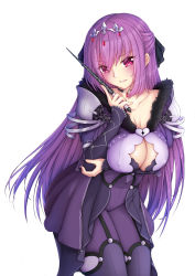 Rule 34 | 1girl, breasts, cleavage cutout, clothing cutout, collarbone, dress, fate/grand order, fate (series), feather trim, hair between eyes, highres, holding, holding wand, large breasts, long hair, long sleeves, purple dress, purple hair, red eyes, scathach (fate), scathach skadi (fate), scathach skadi (second ascension) (fate), shinrou tsukimi, simple background, solo, tiara, wand, white background