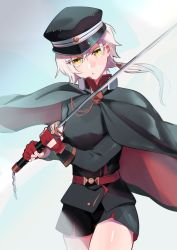 Rule 34 | 1girl, azur lane, belt, black cape, black shirt, black shorts, cape, closed mouth, commentary request, cowboy shot, fingerless gloves, gloves, hat, head tilt, highres, holding, holding sword, holding weapon, jitome, katana, kinu (azur lane), long sleeves, looking at viewer, low ponytail, military, military hat, military uniform, nail polish, peaked cap, red gloves, red nails, shirt, short hair, short shorts, shorts, solo, standing, sword, uniform, weapon, white hair, yellow eyes, yukuu