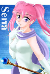 Rule 34 | 1girl, blue eyes, breasts, character name, cleric, elbow gloves, female focus, fire emblem, fire emblem: the blazing blade, gloves, hissaa (starlight express), nintendo, pink hair, purple eyes, scarf, serra (fire emblem), solo, staff, twintails