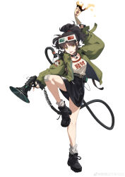 Rule 34 | 1girl, 3d glasses, :d, absurdres, an-an lee, ankle boots, arm up, bandaid, bandaid on knee, bandaid on leg, belt, black belt, black choker, black footwear, black hair, black skirt, bomber jacket, boots, burning, chinese text, choker, clothes writing, cross-laced footwear, fang, fire, floating hair, full body, green jacket, hands up, heterochromatic eyewear, highres, holding, holding megaphone, hose, huidao 20181022, jacket, knee up, lace-up boots, leg up, long sleeves, looking at viewer, loose socks, medium hair, megaphone, miniskirt, open clothes, open jacket, open mouth, outstretched arm, ponytail, reverse:1999, shirt, skirt, smile, socks, solo, standing, standing on one leg, talisman, weibo logo, weibo watermark, white background, white shirt, white socks, yellow eyes, yin yang