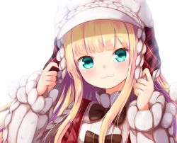 Rule 34 | 1girl, :3, aran sweater, baram, blonde hair, blush, bow, brown bow, cable knit, closed mouth, green eyes, hands up, hat, head tilt, long hair, long sleeves, looking at viewer, mononobe alice, mononobe alice (4th costume), nijisanji, plaid, puffy long sleeves, puffy sleeves, simple background, sleeves past wrists, smile, solo, sweater, upper body, virtual youtuber, white background, white hat, white sweater