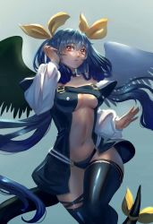 Rule 34 | 1girl, angel wings, arc system works, bare shoulders, belt, black panties, black thighhighs, blue eyes, breasts, center opening, choker, dizzy (guilty gear), guilty gear, guilty gear x, guilty gear xx, hair between eyes, hair ribbon, hair rings, hand in own hair, highres, jadealike, large breasts, looking at viewer, monster girl, navel, panties, ribbon, shaded face, sidelocks, solo, stomach, tail, thigh strap, thighhighs, thighs, toned, twintails, underboob, underwear, wings