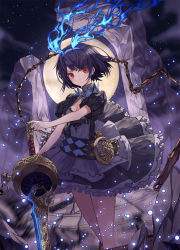 Rule 34 | 1girl, alice (sinoalice), bad id, bad pixiv id, black hair, breasts, chain, cleavage, closed mouth, highres, lo-ta, looking at viewer, medium breasts, red eyes, short hair, sinoalice, solo, standing, sword, weapon
