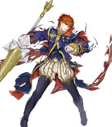 Rule 34 | 1boy, blue eyes, cape, eliwood (fire emblem), eliwood (valentine) (fire emblem), fire emblem, fire emblem: the blazing blade, fire emblem heroes, full body, highres, holding, itou misei, male focus, nintendo, official art, polearm, red hair, short hair, solo, spear, torn clothes, transparent background, weapon