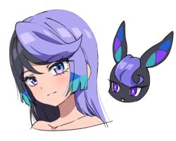 Rule 34 | 1girl, bare shoulders, black hair, blue hair, carron (pretty series), carron (rabbit) (pretty series), closed mouth, commentary request, dolldolldd, dual persona, long hair, looking at viewer, multicolored hair, pretty series, purple eyes, purple hair, rabbit, simple background, smile, upper body, waccha primagi!, white background