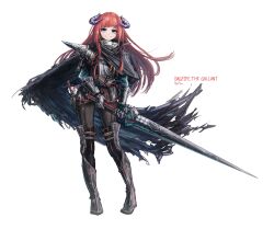 Rule 34 | 1girl, absurdres, alternate costume, arknights, armor, bagpipe (arknights), black cape, blue eyes, cape, commentary, franlol, full body, greaves, highres, holding, holding polearm, holding weapon, horns, long hair, orange hair, polearm, solo, standing, vambraces, very long hair, weapon, white background