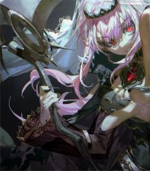 Rule 34 | 1girl, black nails, breasts, cleavage, gem, holding, holding weapon, hololive, hololive english, jewelry, long hair, looking at viewer, medium breasts, mori calliope, mori calliope (1st costume), nail polish, pink hair, quasarcake, red eyes, scythe, tiara, veil, virtual youtuber, weapon