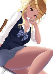 Rule 34 | 1girl, bare legs, blonde hair, blouse, bow, bowtie, breasts, brown hair, dutch angle, gradient hair, grey skirt, gyaru, highres, idolmaster, idolmaster shiny colors, izumi mei, knee up, large breasts, looking at viewer, loose bowtie, multicolored hair, nail polish, on chair, open collar, pleated skirt, ponytail, shirt, simple background, sitting, skirt, solo, torikun, vest, wavy hair, white background, white shirt