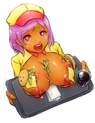 Rule 34 | 1girl, bad id, bad tumblr id, between breasts, bread, breast rest, breasts, breasts on tray, breasts out, burger, carried breast rest, carrying, cheese, cleavage, dark-skinned female, dark skin, drink, employee uniform, fast food uniform, food, food on body, french fries, glass, hamburger bun, hat, huge breasts, huge nipples, ketchup, lettuce, mike inel, napkin, nipples, open mouth, original, pink eyes, puffy nipples, purple eyes, purple hair, red eyes, short hair, smile, soda, solo, tray, uniform, upper body