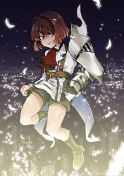 Rule 34 | 1boy, amane kjfk, belt, ciconia no naku koro ni, city, cityscape, clenched hand, commentary request, ascot, feathers, flying, gauntlets, grin, highres, looking at viewer, mitake miyao, night, open clothes, red hair, shoes, short hair, shorts, single gauntlet, smile, thighs, yellow eyes
