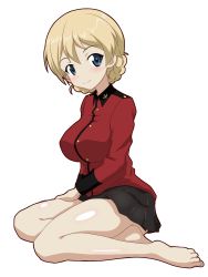 Rule 34 | 1girl, absurdres, barefoot, blonde hair, blush, braid, braided bun, breasts, closed mouth, darjeeling (girls und panzer), female focus, french braid, from side, full body, girls und panzer, gogopaint, hair bun, hand on own thigh, highres, jacket, large breasts, looking at viewer, military, military jacket, military uniform, pantyhose, simple background, sitting, smile, solo, st. gloriana&#039;s military uniform, thighs, transparent background, twin braids, uniform