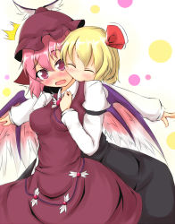 Rule 34 | 2girls, animal ears, ayatori (aytr), blonde hair, blush, breasts, cheek-to-cheek, closed eyes, fang, female focus, heads together, multiple girls, mystia lorelei, outstretched arms, pink hair, purple eyes, rumia, spread arms, touhou, wings, yuri