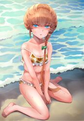 Rule 34 | 1girl, absurdres, barefoot, beach, bikini, blue eyes, blush, braid, breasts, brown hair, crown braid, fate/grand order, fate (series), floral print, highres, long hair, looking at viewer, navel, open mouth, sand, shimogamo (shimomo 12), side braid, sitting, small breasts, solo, sunflower print, sweat, swimsuit, toes, van gogh (fate), very long hair, wariza, water