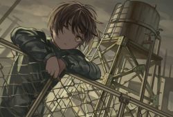 Rule 34 | black hair, chain-link fence, dutch angle, fence, green eyes, hair over one eye, jacket, looking at viewer, original, outdoors, overcast, short hair, sky, solo, tensen (dotted line), water tower