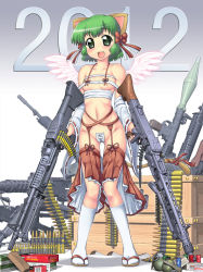 Rule 34 | 10s, 1girl, 2012, 7.62x51mm nato, :3, :d, ak-47, ammunition, ammunition belt, animal ears, assault rifle, belt-fed, blush, bow, breasts, browning m2, character request, crate, dual wielding, explosive, fang, female focus, full-power cartridge, general-purpose machine gun, green eyes, green hair, grenade, gun, hair bow, hase yu, heavy machine gun, highres, holding, kalashnikov rifle, kneehighs, light machine gun, lmg cartridge, looking at viewer, m13 link, m16, m16a4, m249, m60, machine gun, maebari, matching hair/eyes, medium machine gun, mg42, military cartridge, navel, nude, nyano, open mouth, original, revealing clothes, rifle, rifle cartridge, rocket launcher, rpg (weapon), sandals, short hair, shotgun shell, small breasts, smile, socks, solo, squad automatic weapon, tail, touhou, trigger discipline, underboob, weapon, white socks, wings