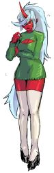 Rule 34 | 10s, 1girl, blue hair, blush, breasts, cleavage, cleavage cutout, clothing cutout, colored skin, demon girl, dress, full body, glasses, green eyes, hair over one eye, highres, horns, kneesocks (psg), long hair, medium breasts, meme attire, open-chest sweater, panty &amp; stocking with garterbelt, pigeon-toed, pince-nez, pltrgst, ponytail, red skin, single horn, solo, sweatdrop, sweater, sweater dress, thighhighs, turtleneck, white thighhighs