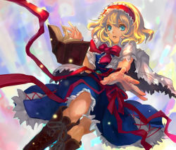 Rule 34 | 1girl, alice margatroid, blonde hair, blue dress, blue eyes, book, boots, bow, bowtie, capelet, cross-laced footwear, dress, female focus, floating, floating object, hairband, knees, koumajou densetsu, koumajou densetsu 2, lace-up boots, open book, outstretched hand, paddybird3, parted lips, ribbon, short hair, solo, touhou