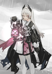 Rule 34 | 1girl, absurdres, arknights, belt, black cape, black dress, black gloves, cape, cloud, commentary request, dress, feet out of frame, gloves, grey eyes, grey sky, gun, handgun, highres, holding, holding gun, holding lantern, holding weapon, irene (arknights), lantern, long hair, looking at viewer, outdoors, pantyhose, pistol, rain, red pupils, renxzd, scar, scar across eye, sky, solo, weapon, white dress, white hair, white pantyhose